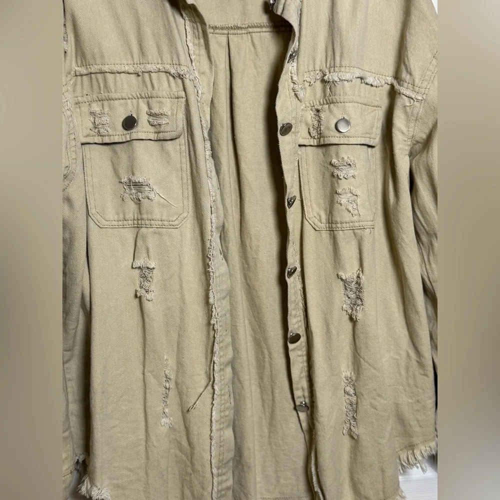 Distressed Tan Denim Jacket - Picture 3 of 11